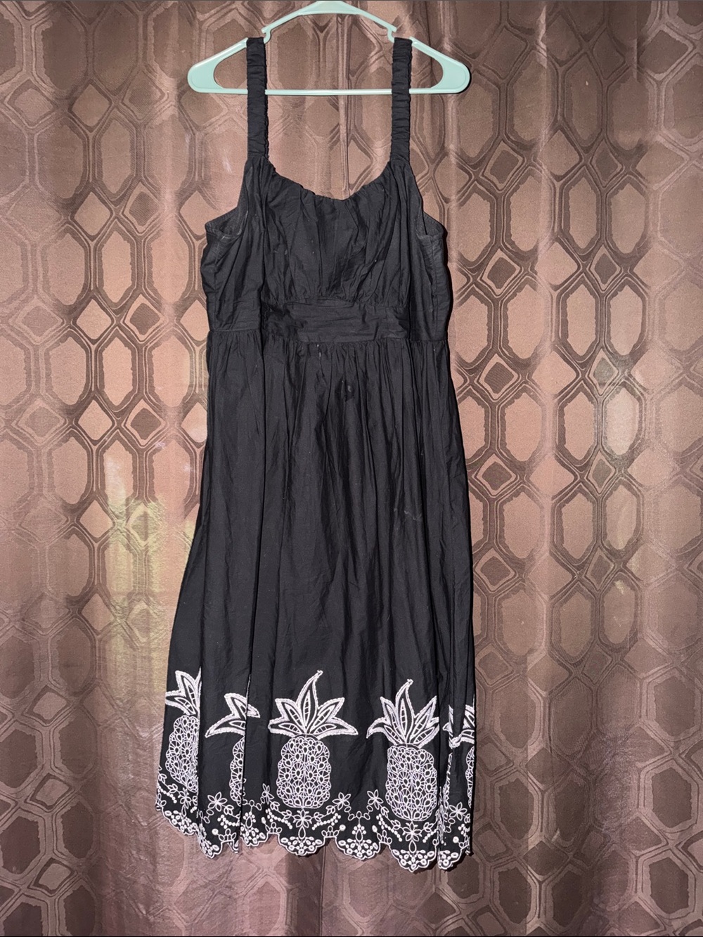 London Times Black Midi Dress with White Pineapple Embroidery